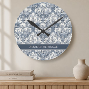 Vintage bloemendamask Blauwe toile de jouy monogra Ronde Klok