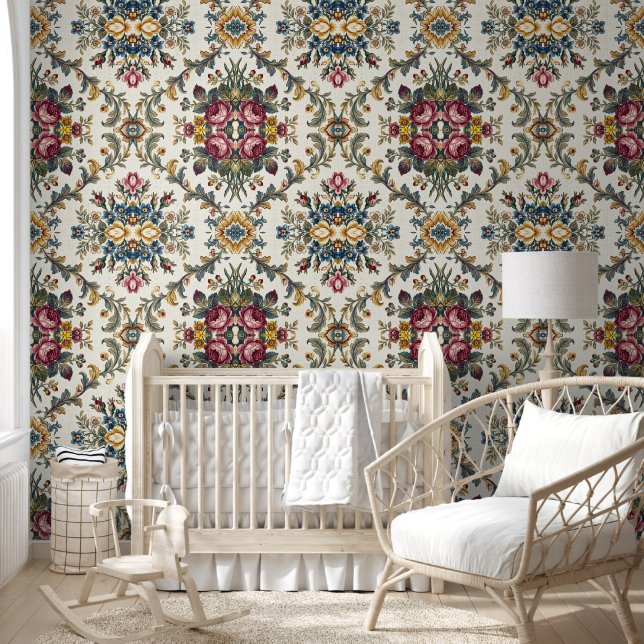 Vintage Bloemendamask Botanisch Patroon   Behang (Kinderen)
