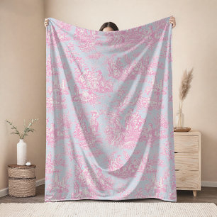 Vintage bloemendecor retro blauwe roze toile de jo fleece deken