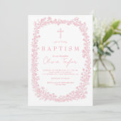 Vintage bloemendecor roze doopfeest kaart (Staand voorkant)