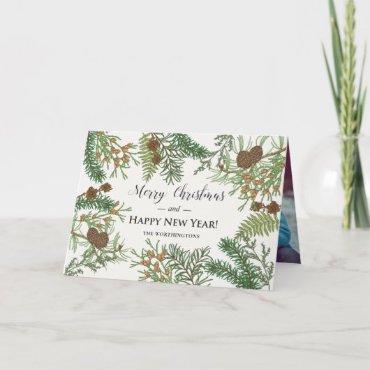 Vintage bloemendek met dennen feestdagen kaart (Voorkant)