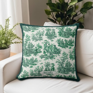 Vintage bloemendesign groene toile jouy monogram kussen
