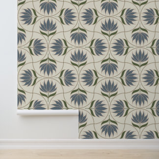 Vintage bloemendruk met scallop-rand in blauw en g behang