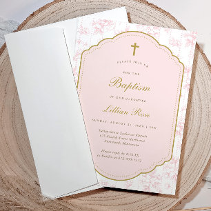 Vintage bloemengaritoon met gouden kruis doop kaart
