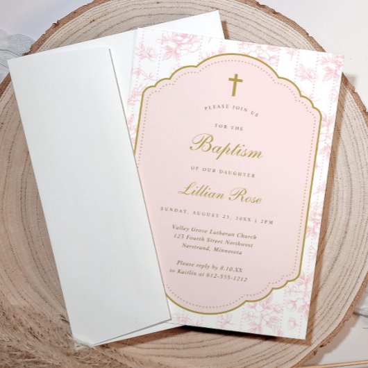 Vintage bloemengaritoon met gouden kruis doop kaart