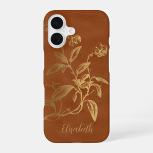 Vintage bloemengoud verbrand oranje naam gepersona iPhone 16 hoesje