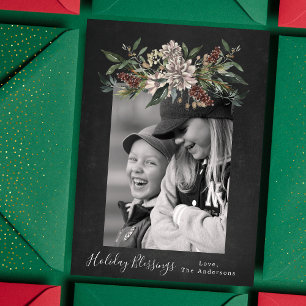 Vintage bloemenkrijt Kerstmis Eén foto Feestdagenkaart