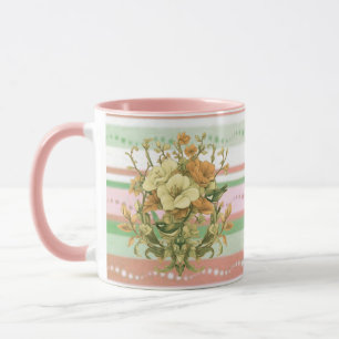 Vintage bloemenmok met roze strepen mok