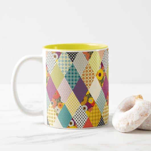 vintage bloemenpatchworkdeken tweekleurige koffiemok (Met donut)