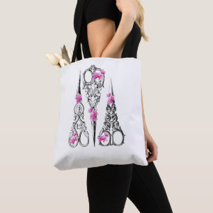 Vintage bloemenschaar voor naaisters en kappers tote bag