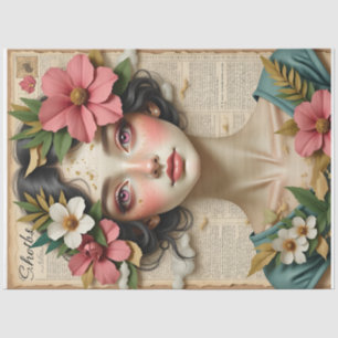 Vintage bloemenschilderij vrouwenportret collage s tissuepapier