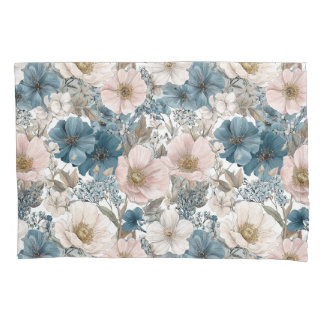 Vintage bloemenschildering blauw roze kussensloop