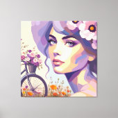 Vintage bloemenschildering Fietserend Vrouw Canvas Afdruk (Voorkant)