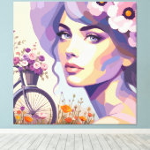 Vintage bloemenschildering Fietserend Vrouw Canvas Afdruk (Insitu (Houten vloer))