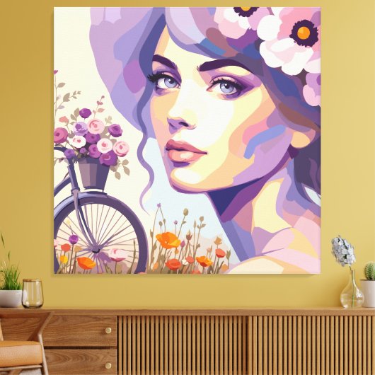Vintage bloemenschildering Fietserend Vrouw Canvas Afdruk (Insitu (Woonkamer))
