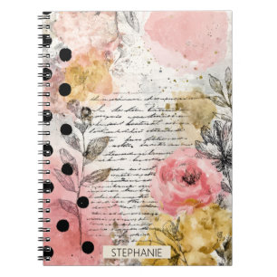 Vintage bloemenschildering in waterverf met schrif notitieboek