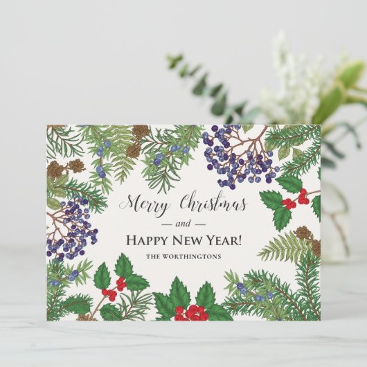 Vintage bloemenslingers met bessen feestdagenkaart (Staand voorkant)