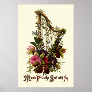 Vintage bloemharpmuziek poster