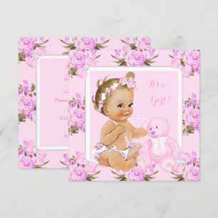 Vintage bloemige baby shower meisje roze beer blon kaart