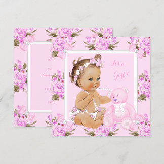 Vintage bloemige baby shower meisje roze beer kaart