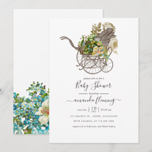 Vintage bloemige babykoets baby shower kaart