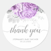 Vintage bloemige babyshower lavendel bedankje ronde sticker (Voorkant)