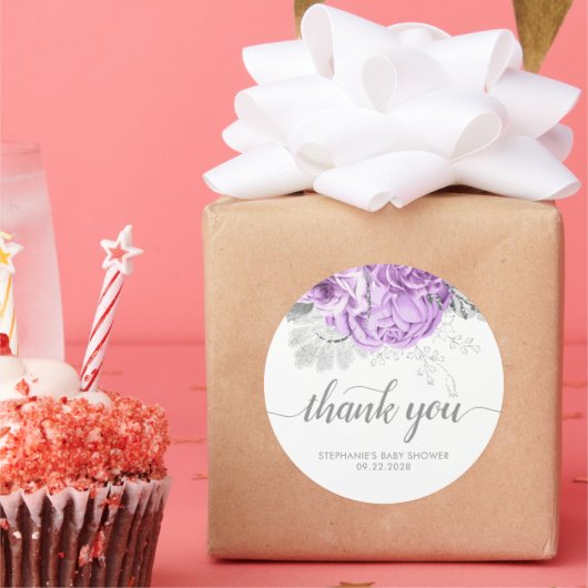 Vintage bloemige babyshower lavendel bedankje ronde sticker (Feest)