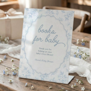 Vintage bloemige blauwe boeken voor babyshower reclamebord met voetstuk