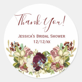 Vintage bloemige botanische bordeauxroze dankjewel ronde sticker