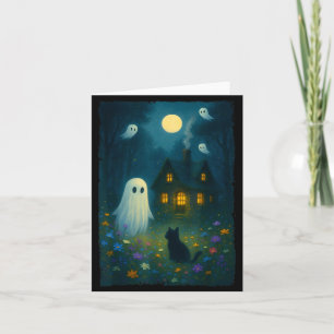 Vintage Bloemige Geest Zwarte Kat Halloween Geest Kaart