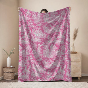 Vintage bloemige retro hete roze toile de jouy fleece deken