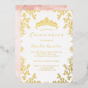 Vintage bloemige roze wit gouden Quinceanera Folie Uitnodiging