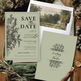 Vintage Bloemige Saliegroene Boho Monogram Bruilof Save The Date