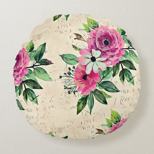 Vintage Bloemige Shabby Chic Rond Kussen (Voorkant)
