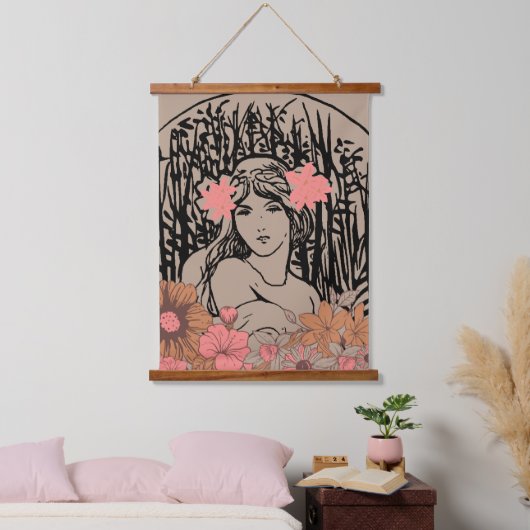 Vintage Bloemige Vrouw Hangend Wandkleed (Slaapkamer)