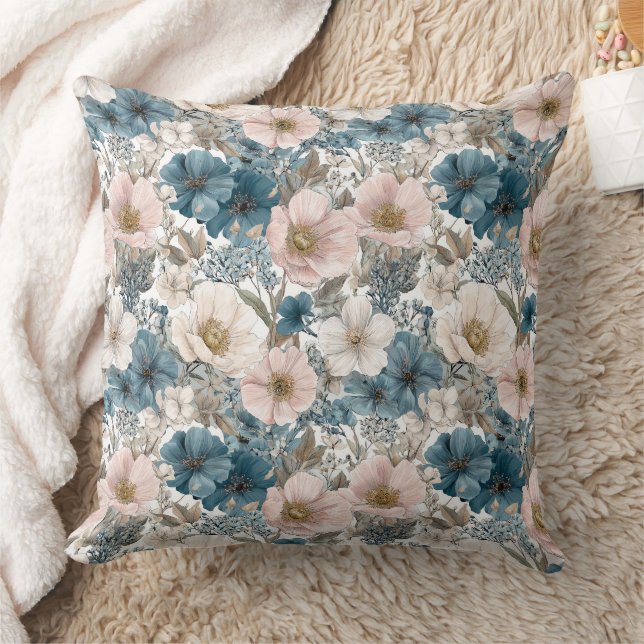 Vintage Bloemige Waterverf Blauwe Roze Kussen (Deken)