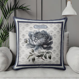 Vintage bloemmotief blauwe chinoiserie toile monog kussen