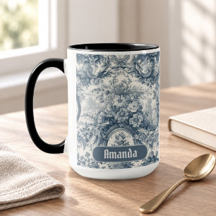 Vintage bloemmotief Blauwe toile de jouy monogram Mok
