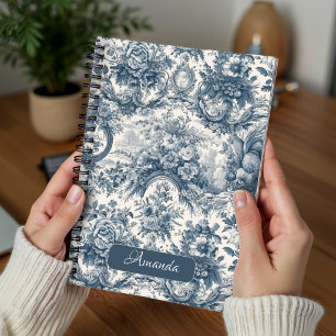 Vintage bloemmotief Blauwe toile de jouy monogram Notitieboek