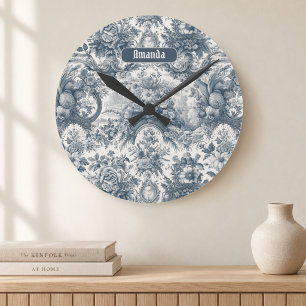 Vintage bloemmotief Blauwe toile de jouy monogram Ronde Klok