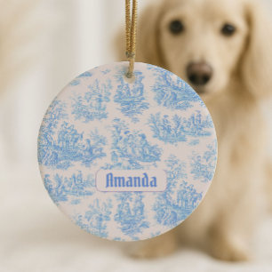Vintage bloemmotief blauwe turquoise toile jouy mo keramisch ornament