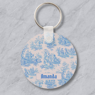 Vintage bloemmotief blauwe turquoise toile jouy mo sleutelhanger
