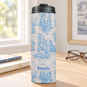 Vintage bloemmotief blauwe turquoise toile jouy mo thermosbeker