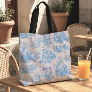 Vintage bloemmotief blauwe turquoise toile jouy mo tote bag