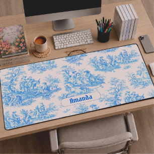 Vintage bloemmotief blauwe turquoise toile monogra bureaumat