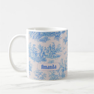 Vintage bloemmotief blauwe turquoise toile monogra koffiemok