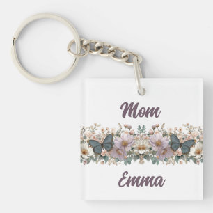 Vintage bloemmotief en groene vlinder voor mama sleutelhanger