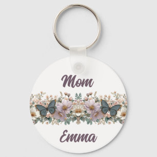 Vintage bloemmotief en groene vlinder voor mama sleutelhanger