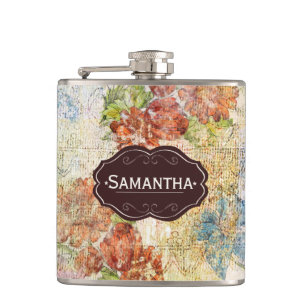 Vintage bloemmotief met distressed look op maat heupfles
