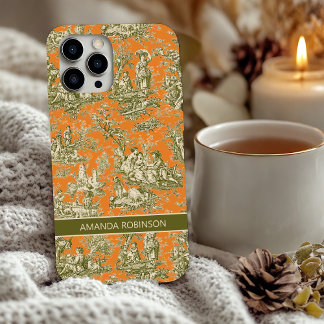 Vintage bloemmotief olijf oranje toile de jouy  iPhone 16 hoesje